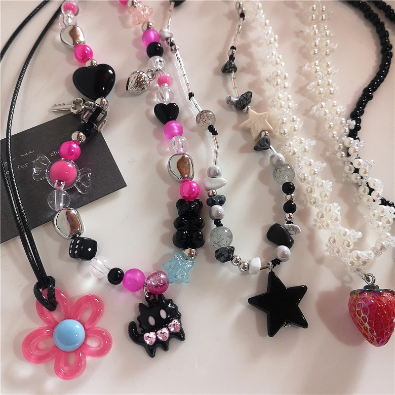 Goth akrylowy kwiat gwiazda truskawka wisiorek perła koralik Choker naszyjnik Vintage estetyczne śliczne kobiety biżuteria EMO Y2K akcesoria — zdjęcie 3