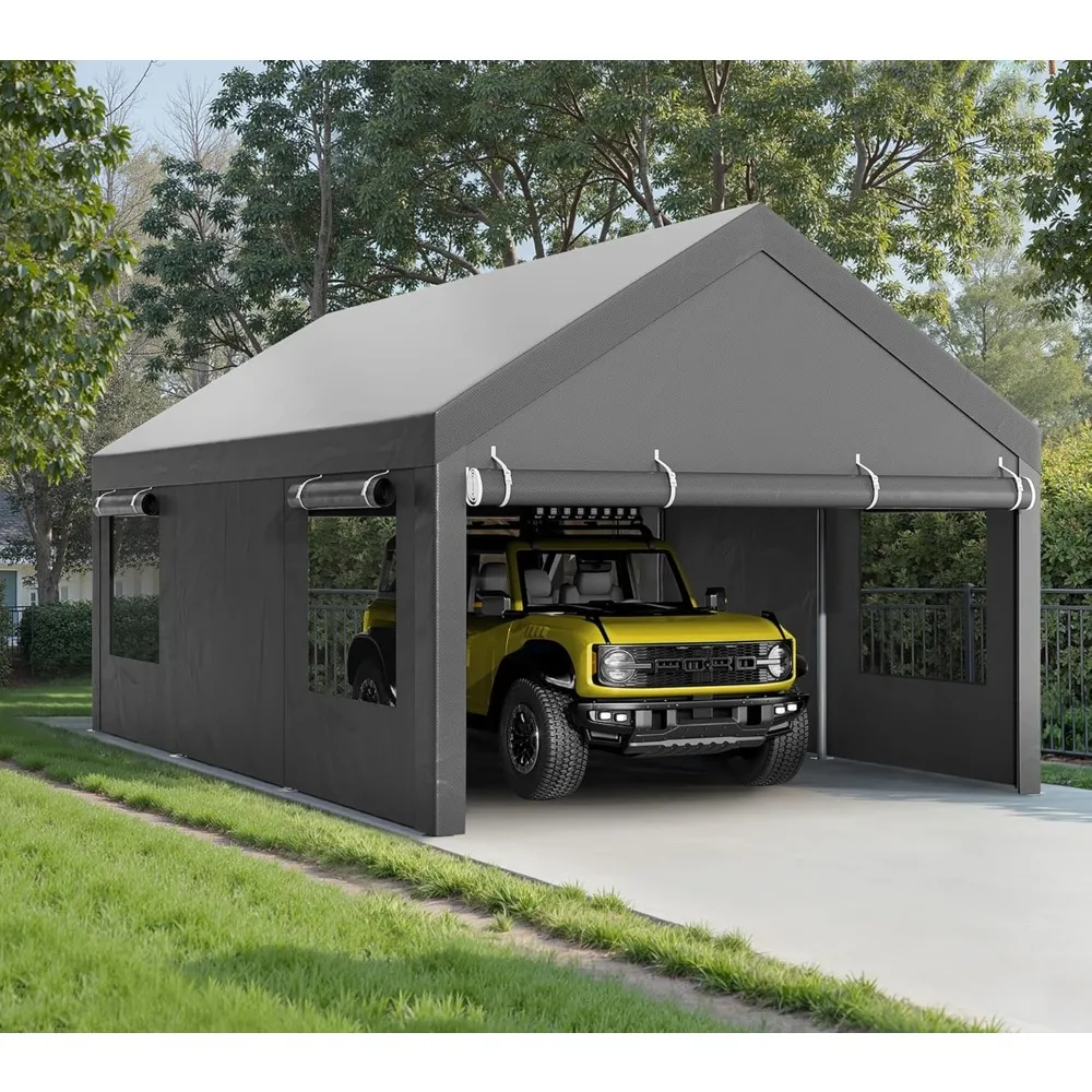 

Carport, 12x20 ft Heavy Duty Carport Canopy with Roll-up Windows, Portable Garage with Removable Sidewalls & Doors, Customized