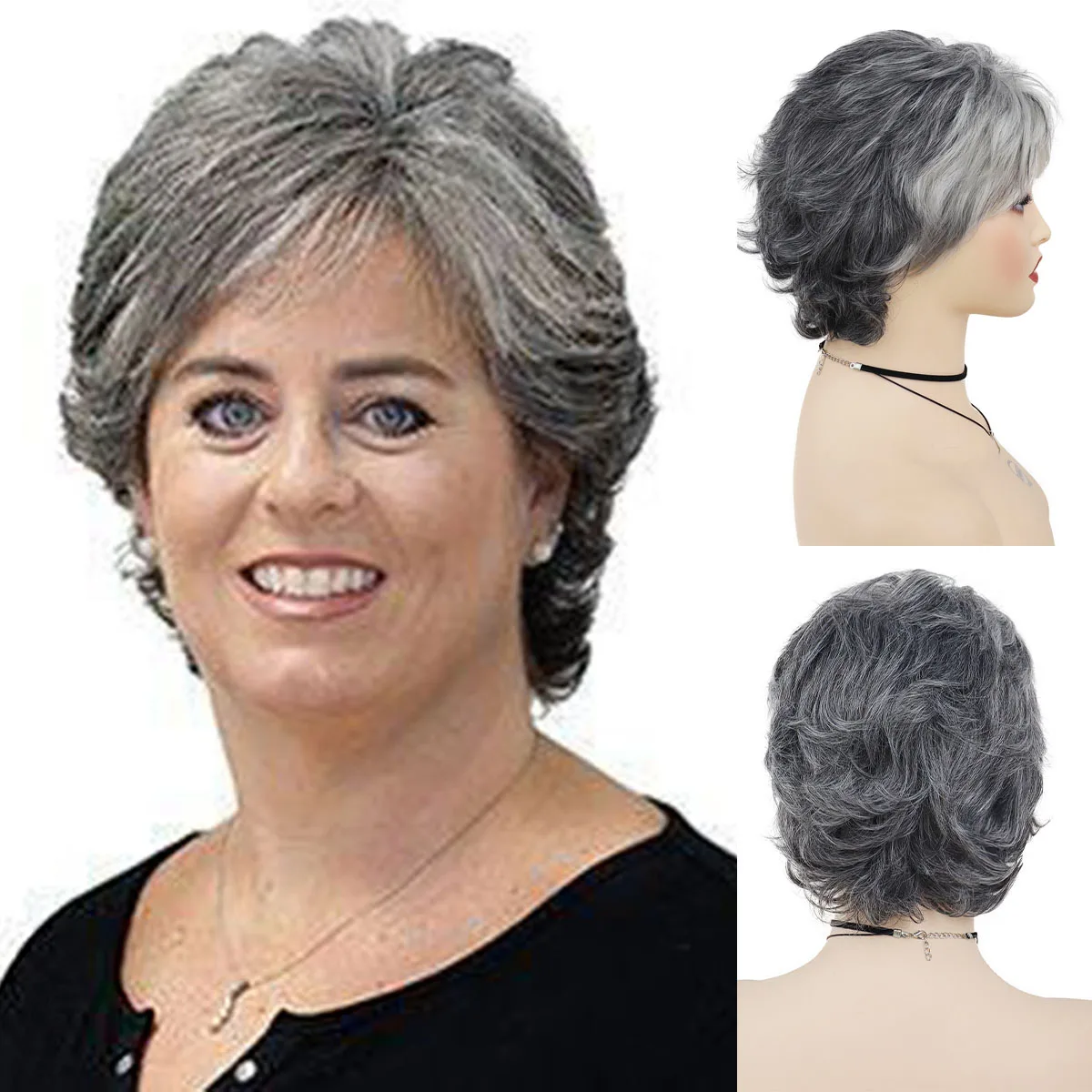 

Ombre Grey Synthetic Wigs for Old Women Short Pixie Cut Hairstyles Fluffy Layered Curly Wig with Side Bangs Daily Party Costume