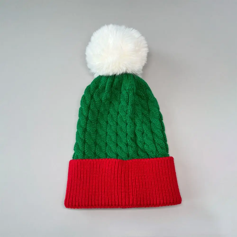 Thickened Knitted Beanie Hat Red Green Color Cuff Design Red White Knit Hat Christmas Decoration With Pompoms