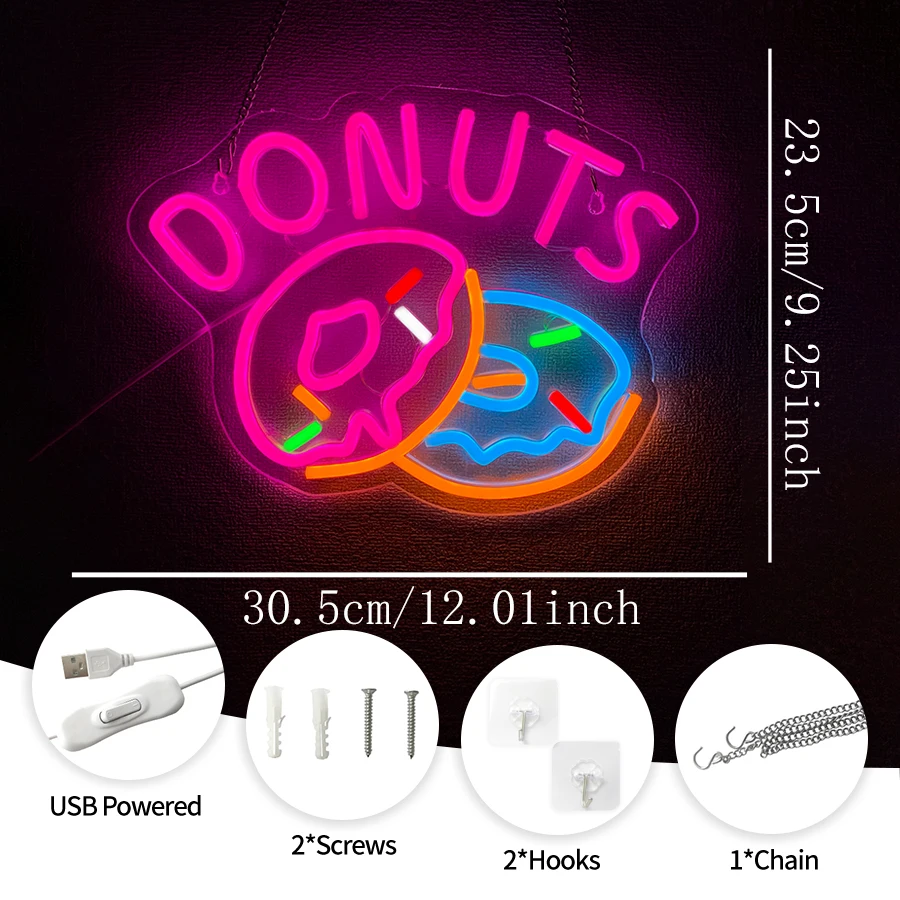 Donuts Neon Sign, USB Powered LED Hanging Neon Sign Aesthetic Wall Decor for Restaurant Bar Store Coffee Shop Western Restaurant