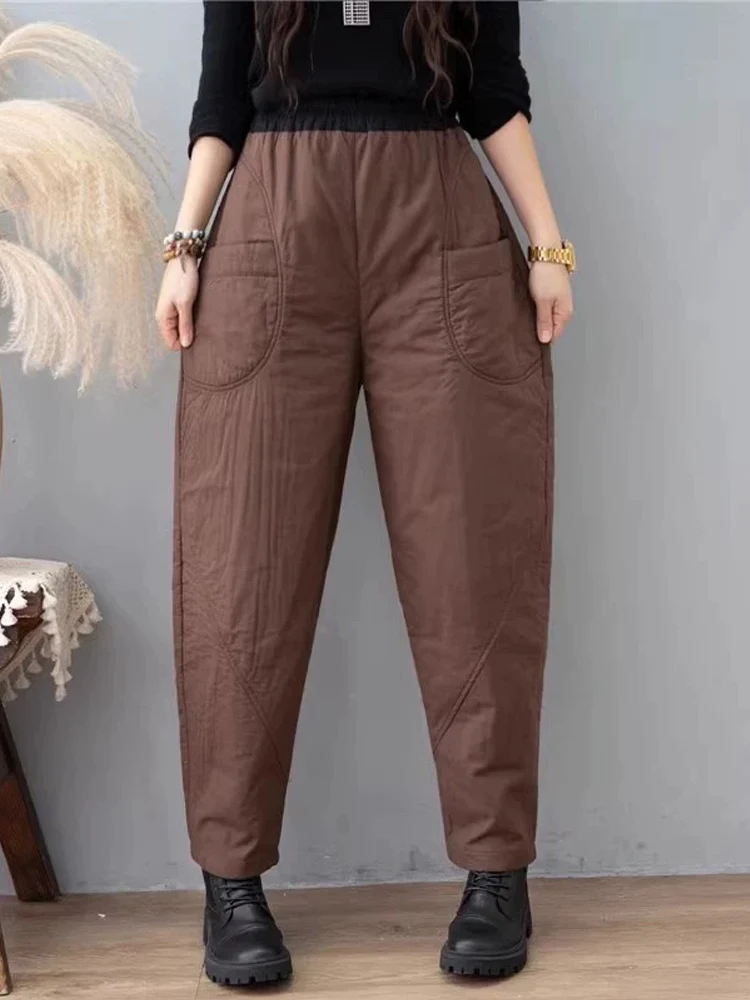 Pantalones bombachos acolchados de algodón para mujer, ropa de abrigo gruesa y cálida, Estilo Vintage, a prueba de viento, para oficina, invierno, 2024