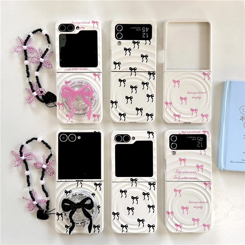 

Korean Cute Bowknot Stand Magnetic Phone Case For Samsung Galaxy Z Flip 7 6 5 4 3 Flip6 Flip7 Cover with Chain Kawaii Cases Capa