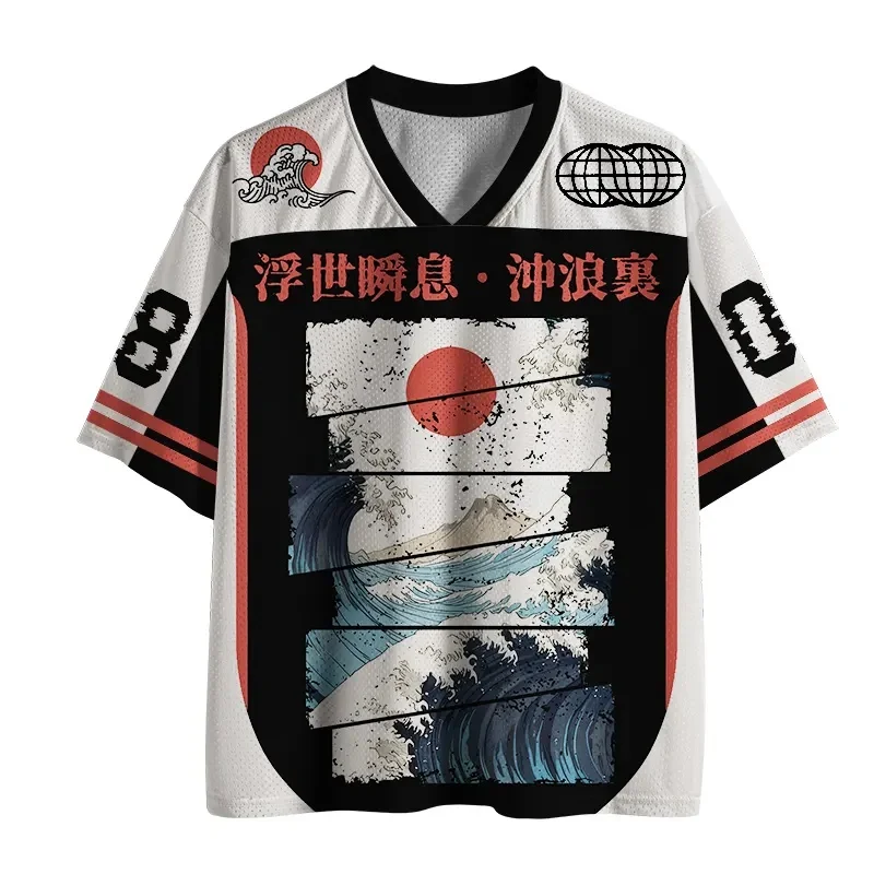 2026 Latest Harajuku-style Y2K Adult and Kids Fuji Mountain, Hokkaido Retro Ukiyo-e 3D Print V-neck Raglan Sleeve Jersey T-shirt