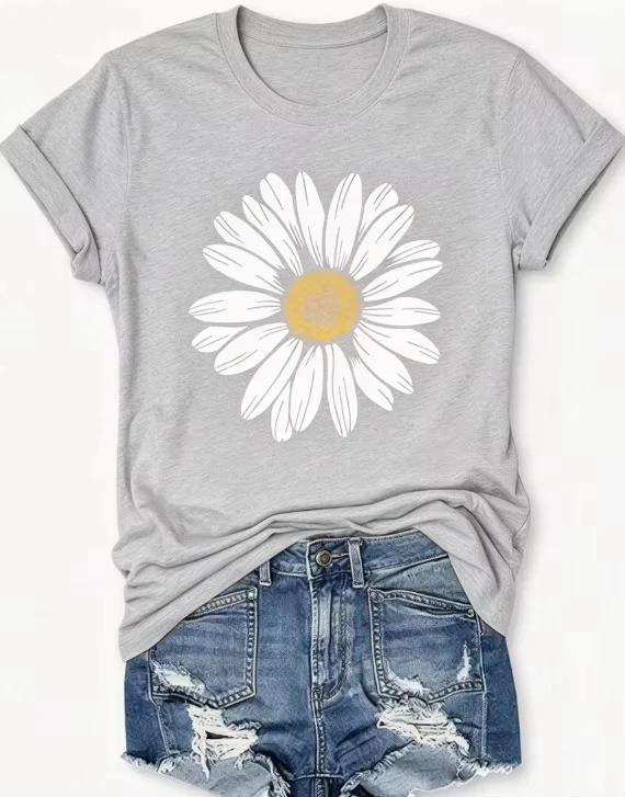 2026 New Arrival Unisex Retro Daisy Flower Graphic T-Shirt Women Summer Fitted Crew Neck Short Sleeve Comfort Cotton Casual Daily Outfit Basic Top T-Shirt
