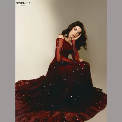 SWEMILE Burgundy Off Shoulder Evening Dress Spaghetti Strap V-Neck Sequins Beaded Sleeve Formal Dress A-Line Customized Vestidos