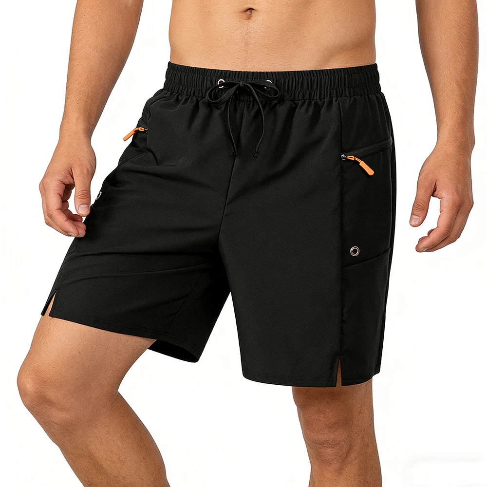 شورت رياضي كاجوال أسود صيفي للرجال، قماش سريع الجفاف، جيب جانبي بسحاب، متعدد الاستخدامات للجري واللياقة البدنية والمشي لمسافات طويلة