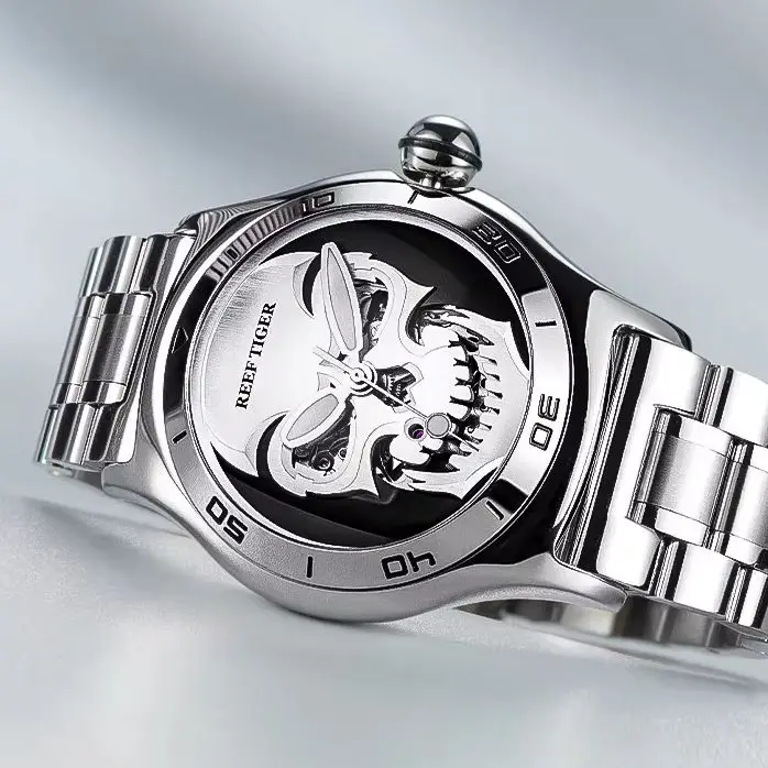 Reef Tiger Men Automatic Watch 44mm Mechanical Wristwatch Sapphire Mirror Skeleton Skull Dial Miyota Mov