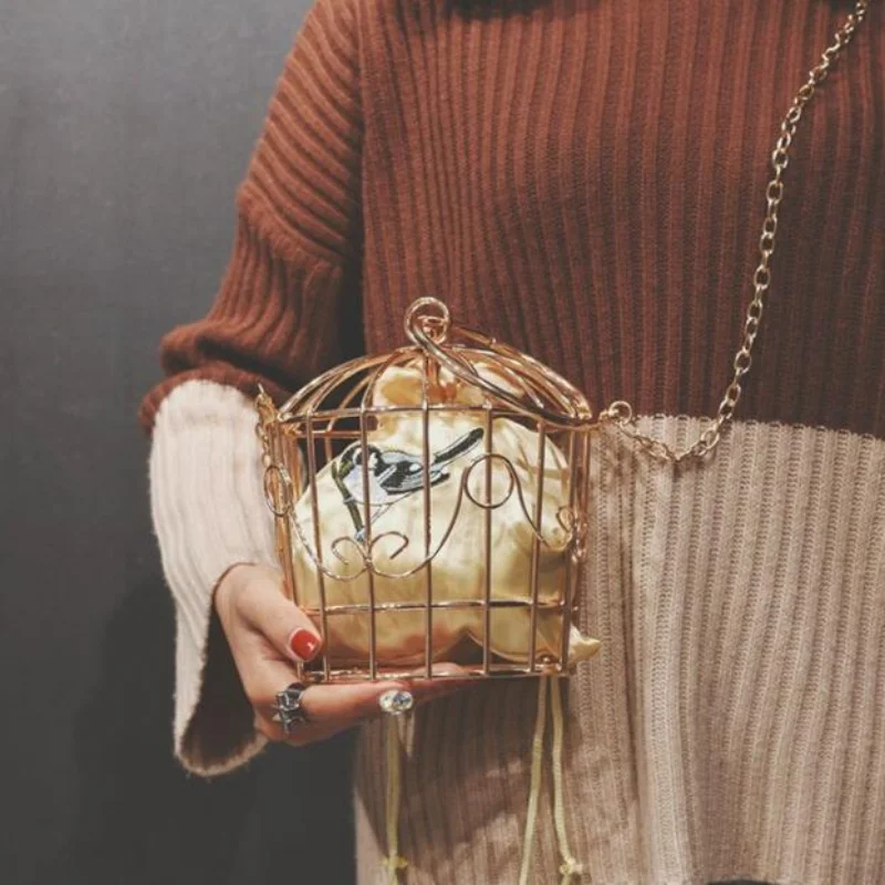 

Women's Birdcage Evening Bag Clutch Metal Frame Embroidery Bucket Bird Cage Mini Bag Purse Women Gold Tassel Handbag Tote Bags