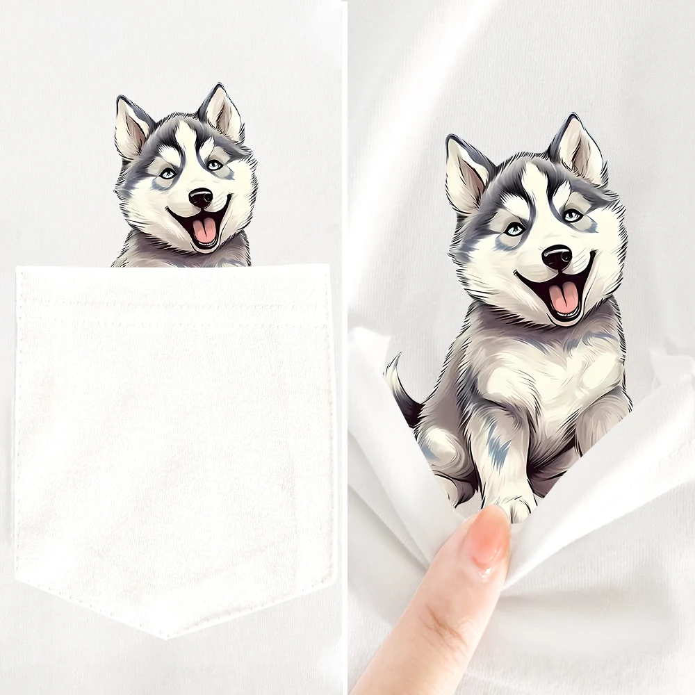 HX Fashion Cotton T-Shirts Siberian Husky Middle Finger Printed Pocket T-shirt Mens Clothing Summer Short Sleeve Tees Tops