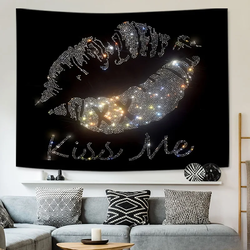 

"Kiss Me" Sequin Wall Tapestry - Sparkling Lip Design Perfect for Living Room or Bedroom Decor Includes Free Installation Kit