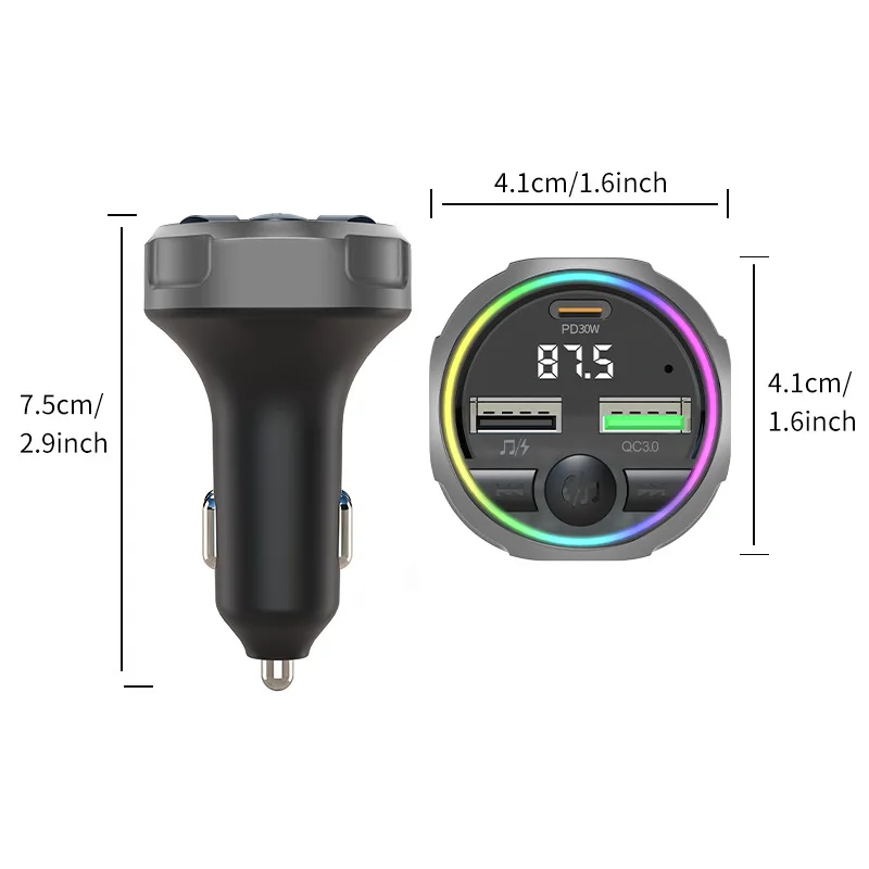C63 New PD30W Bluetooth Call 5.3 Dual Fast Charging Car Charging Head Ambient Light FM Transmitter USB Playback MP3