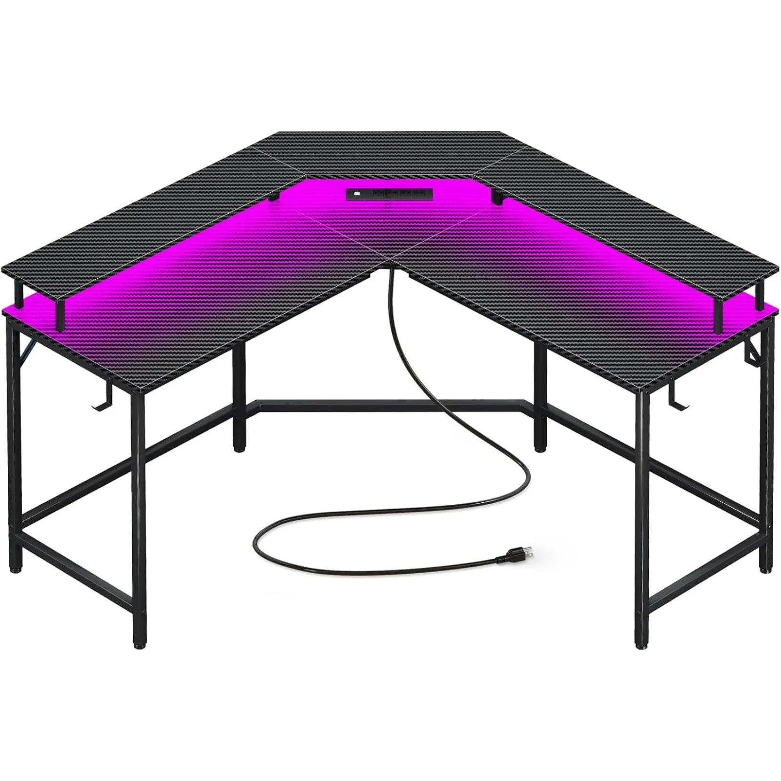 US L Shaped Gaming Desk with Power Outlets & LED Lights, Computer Desk with Monitor Shelves, Carbon Fiber Surface, Home Office