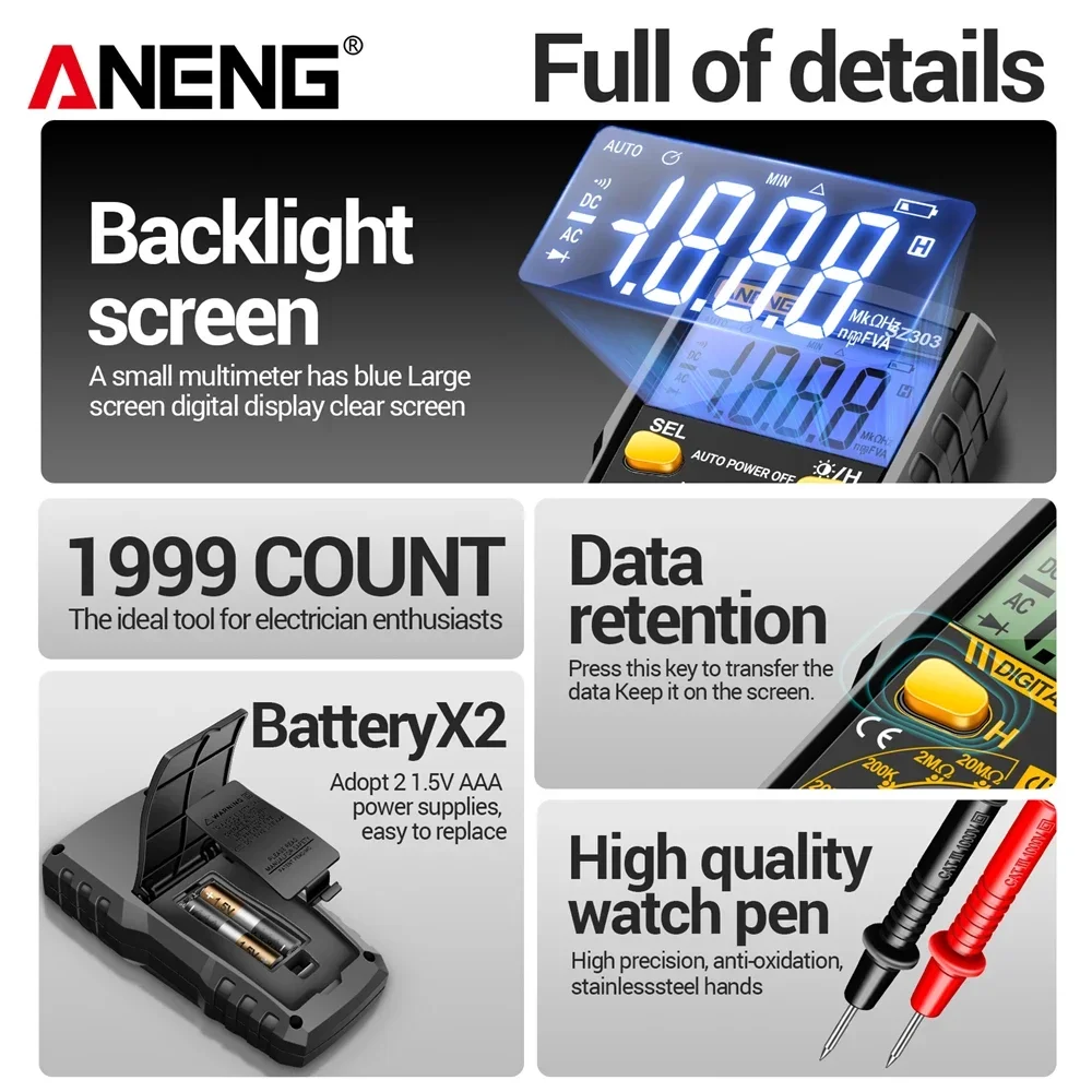 Digital Multimeter Tester ANENG SZ306 1999 Counts  600V AC/DC Voltage Diode Test Current Meter Buzzer Ohm Test electrician tools