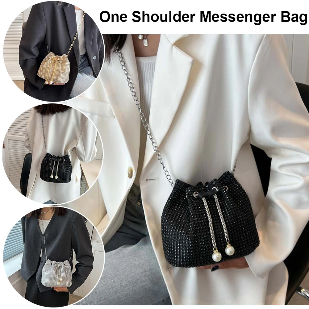 Women Luxury Shoulder Bag Solid Color Rhinestone Glittering Satchel Bag Drawstring Shinny Sling Purse Dinner Party Bag