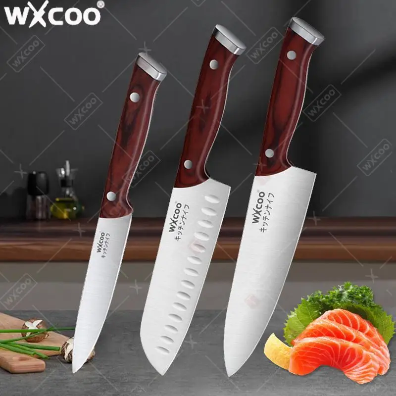 WXCOO 1–3 Stück professionelles Kochmesser, Mehrzweck-Küche für Fleisch, Fisch, Obst, ultrascharfe Klinge, Edelstahl, Holzgriff
