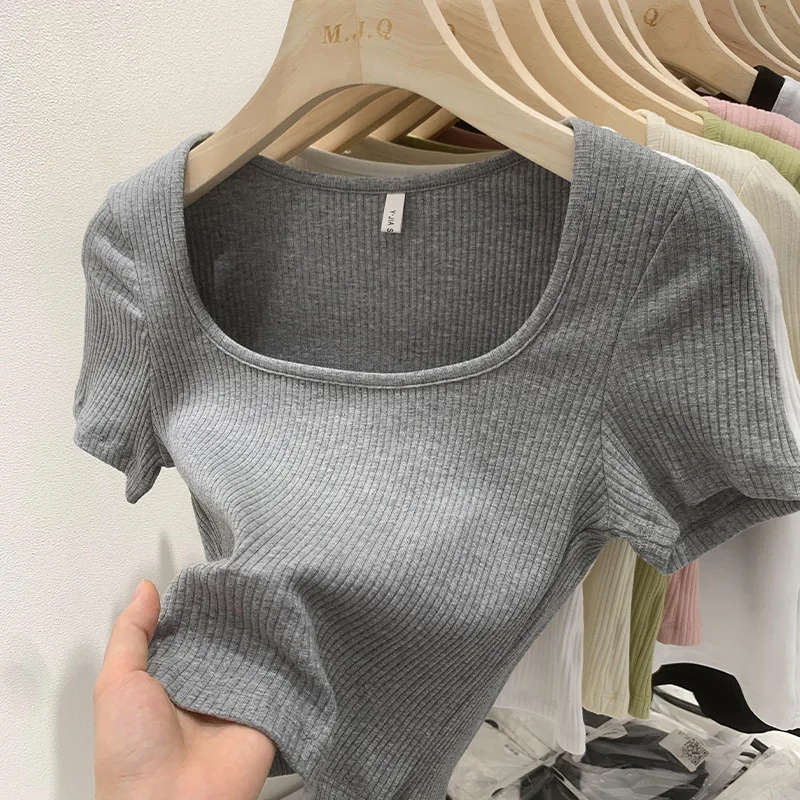 French Short Fit Square Neck T-shirt Summer Spicy Girl Collarbone T-shirt Front Shoulder Short Sleeve Bottom Pure Desire Top