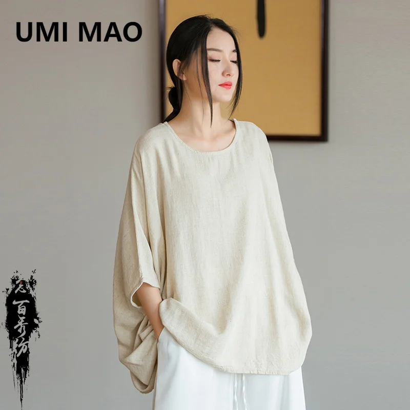 

UMI MAO Light Thin Top Spring Summer New Spin Design Sense Linen Literary Loose Bat Sleeves Women's Sun Protection T-shirt