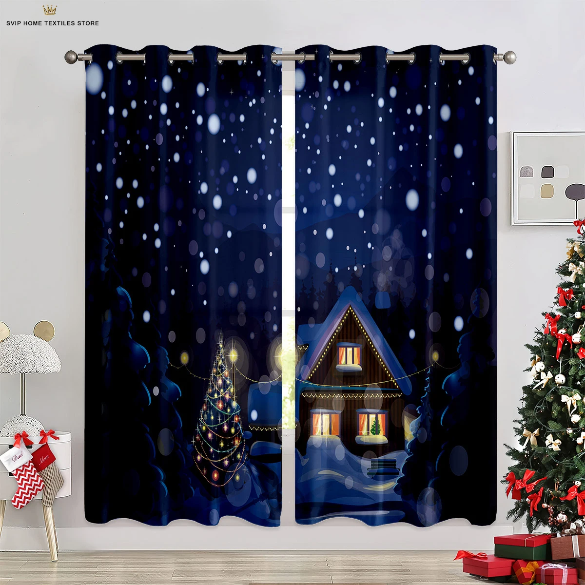 

2 Pieces Christmas Snow Scene Cartoon Printed Curtains Bedroom Living Room Holiday Party Decoration Curtains Children Gifts
