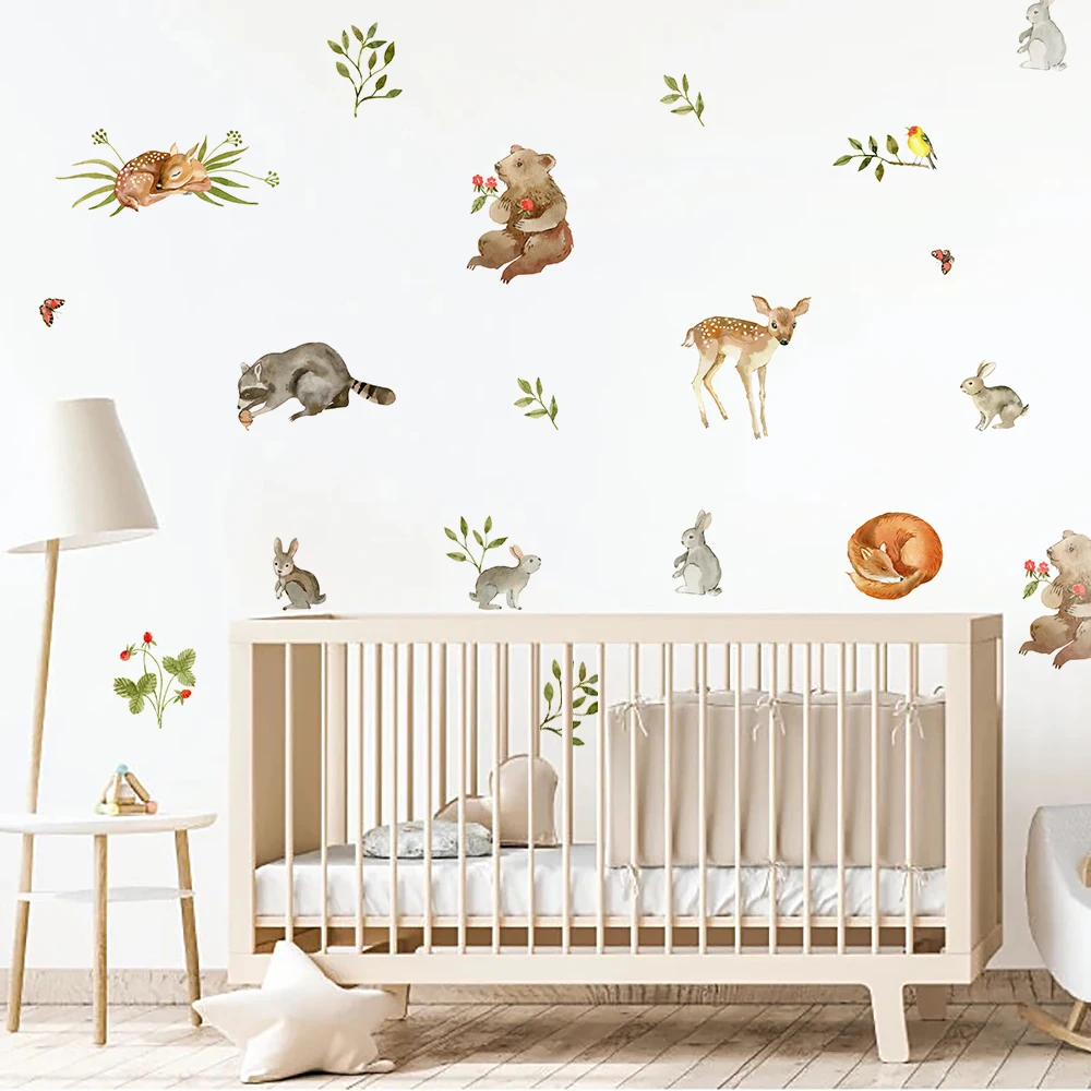 Boho Cartoon Cute Deer Rabbit Bear Woodland Animals Wall Stickers Leaf Watercolor Nursery Art Decals for Kids Room Girls Bedroom