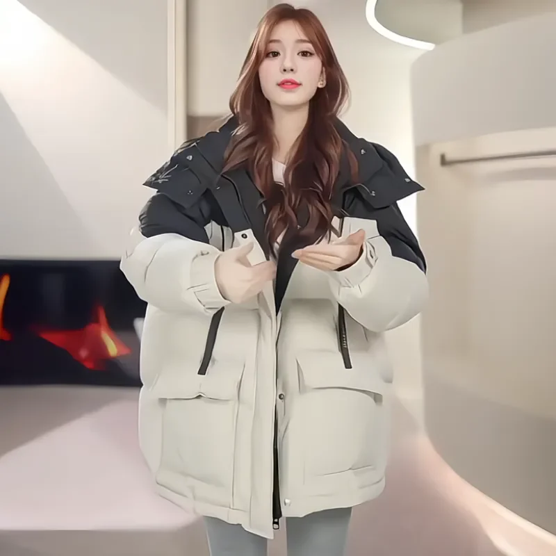 

2026 Women Winter New Down Cotton Jacket Short Fashion Korean Thickened Niche Colorblocking Hooded Jacket Cotton Jacket Winter
