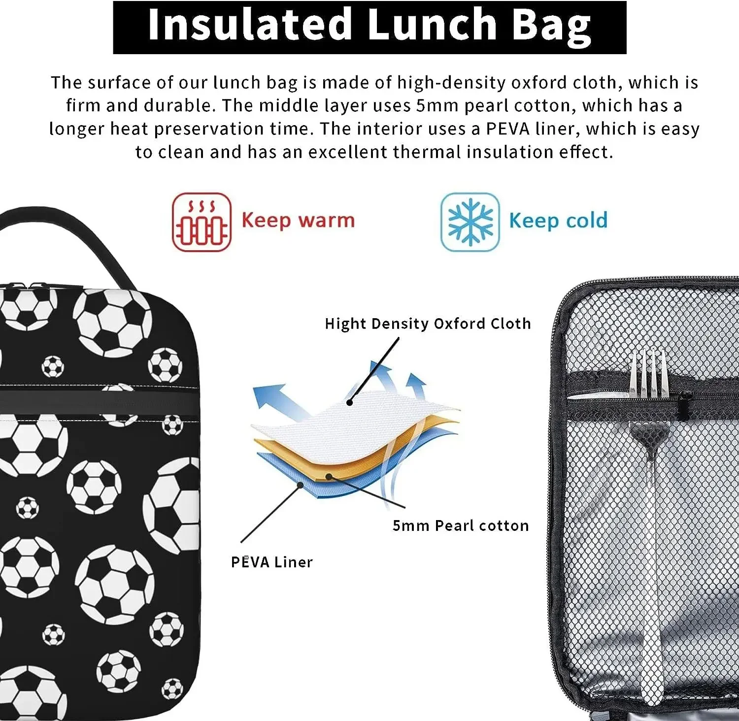 Football Ball Insulated Lunch Bag Unisex Reusable Soccer Ball Lunch Box Sports Theme Cooler Tote Bag for Work Travel Picnic