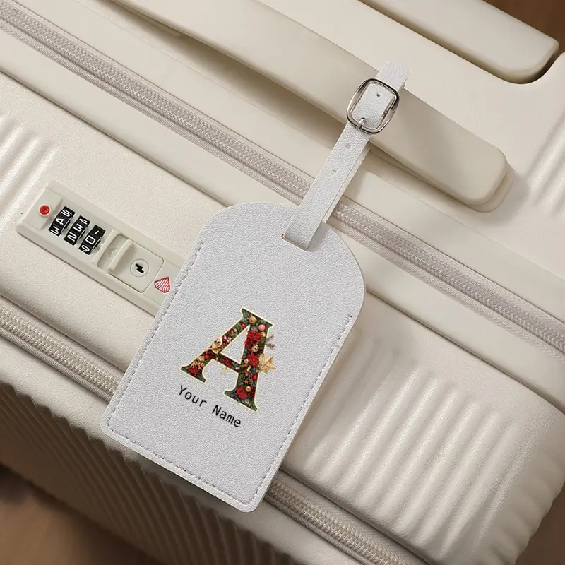 Personalized Custom Name Christmas Flower Wreath 26 Initial Letter Luggage Tag PU Leather Suitcase Baggage Label Travel Gift