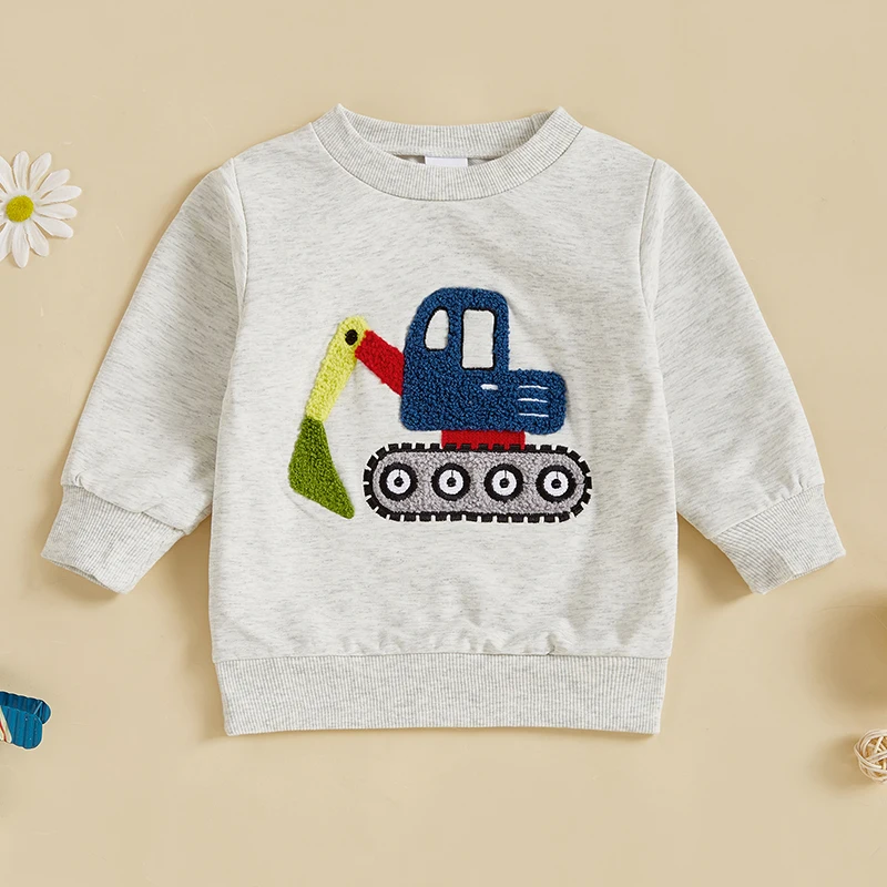 0-3 Years Little Boys Spring Autumn Sweatshirts Long Sleeve Round Neck Excavator/ Truck Embroidery Pullover Tops