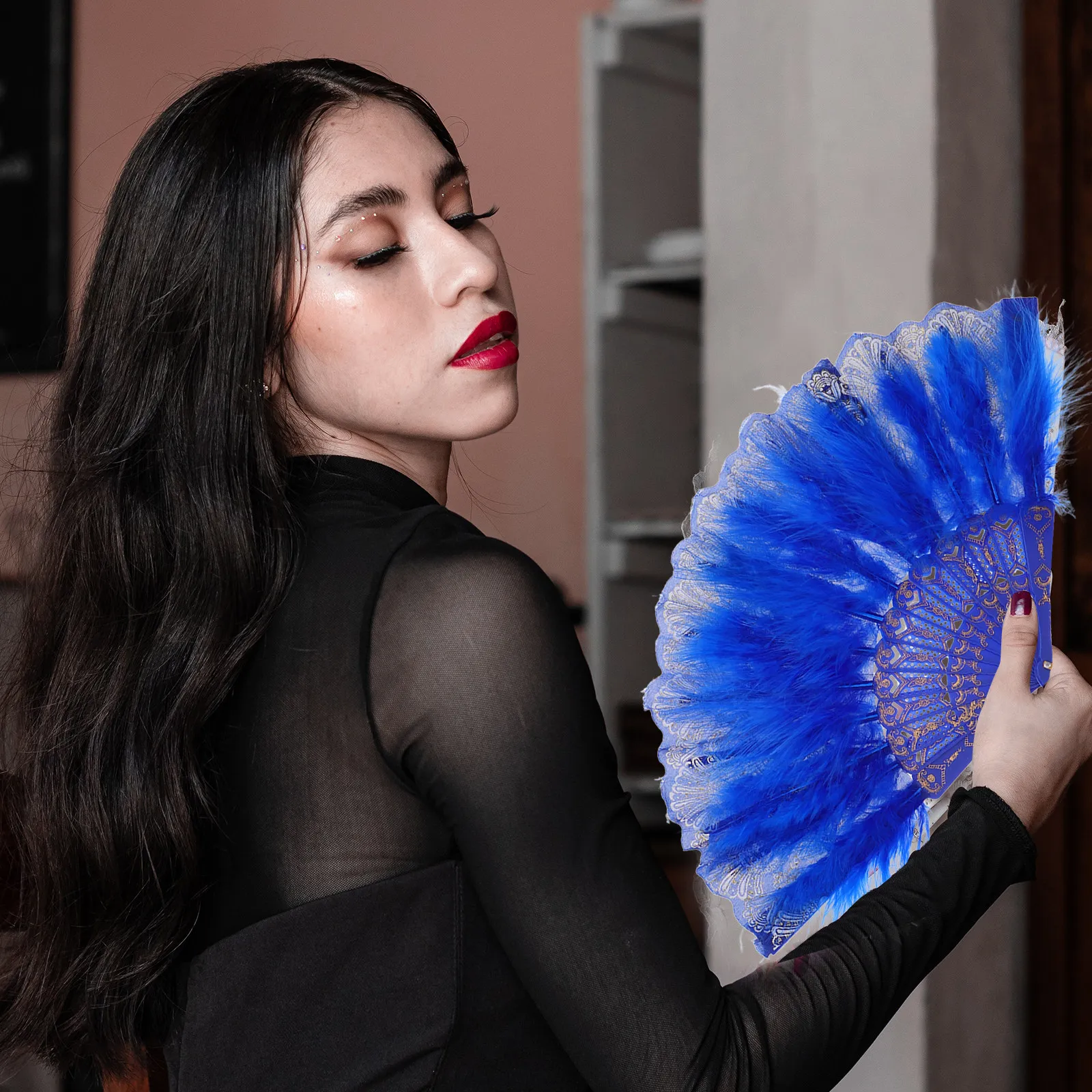 Classical Blue Ancient Folding Fan Elegant Dance Performance Decorative Hand Fan Foldable Wedding Party Photo Prop