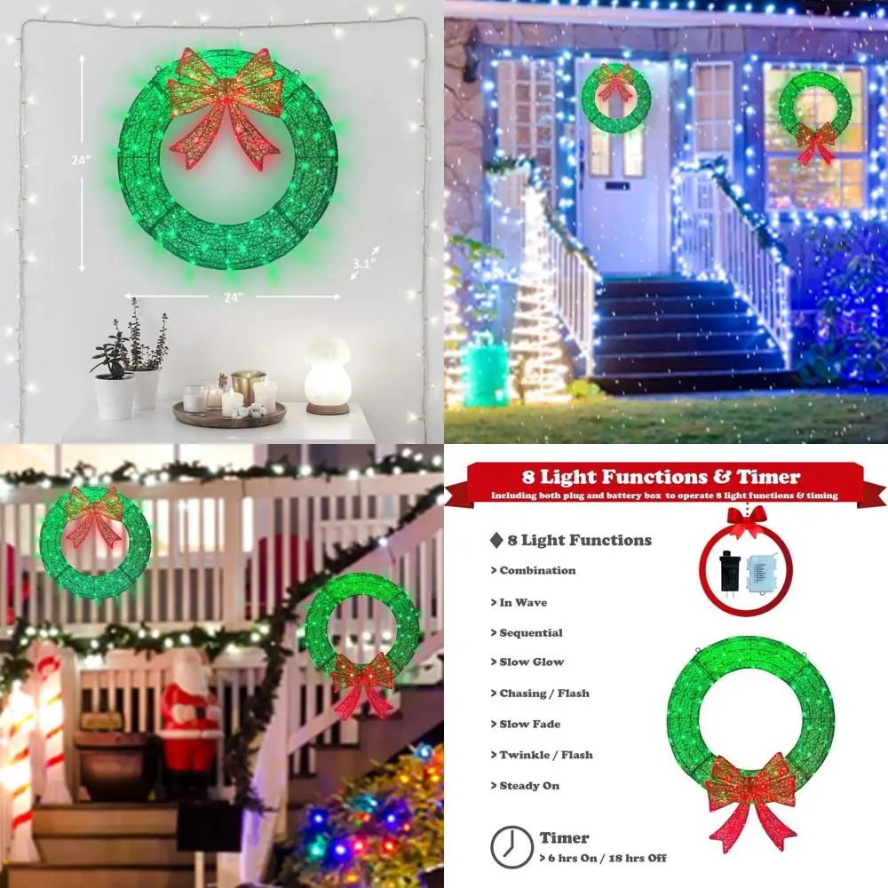 

24 Battery & Plug-in Christmas Wreath with 110 Lights and 8 Flash Modes for Outdoor Use