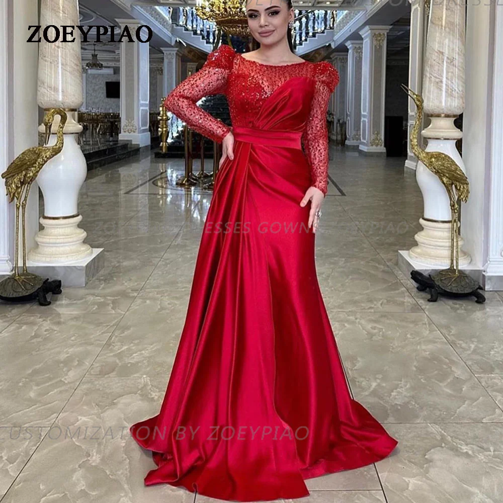 

Red Shiny Prom Dresses Long Sleeves O Neck Party Gowns Customize Sparkly Sequins Evening Dresses فساتين مناسبة رسمية vestidos