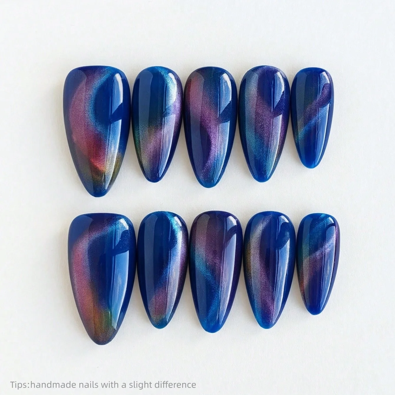 10pcs Handmade Galaxy Cat Eye Press On Nails Almond Long Shiny Mysterious Fake Nails Blue Purple Gradient Decor False Nail
