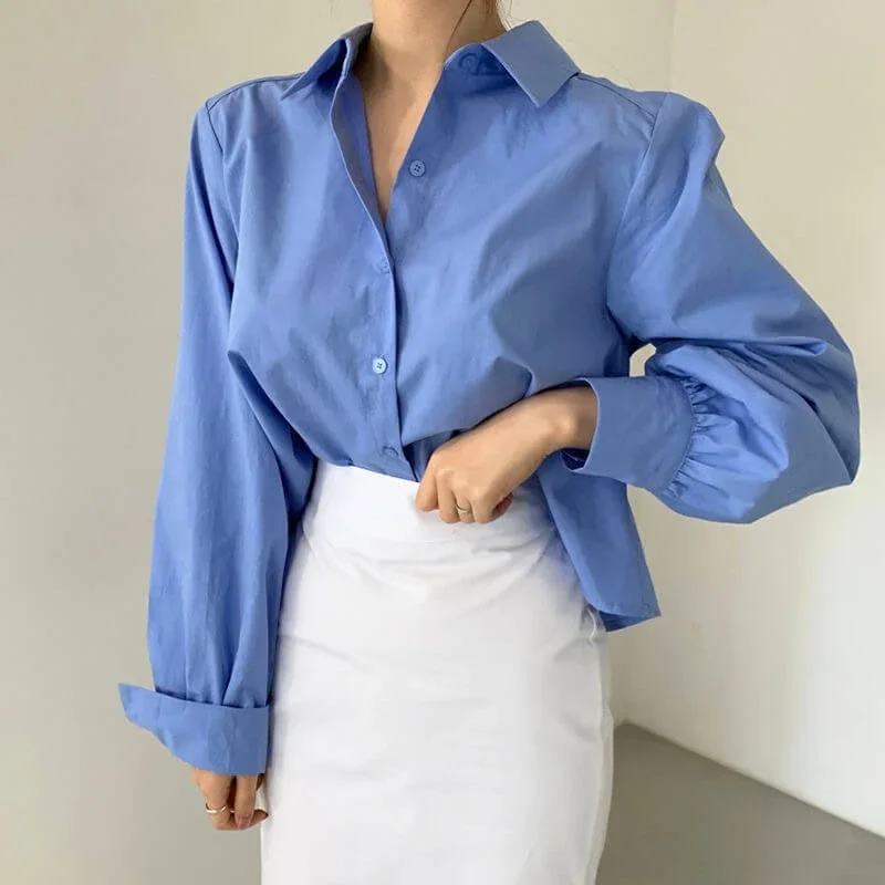 Back Pleated Solid Color Button Up Shirt Korean Women Fashion Long Sleeve Loose Cute Blouse Ladies y2k top Fall Blusas Aesthetic