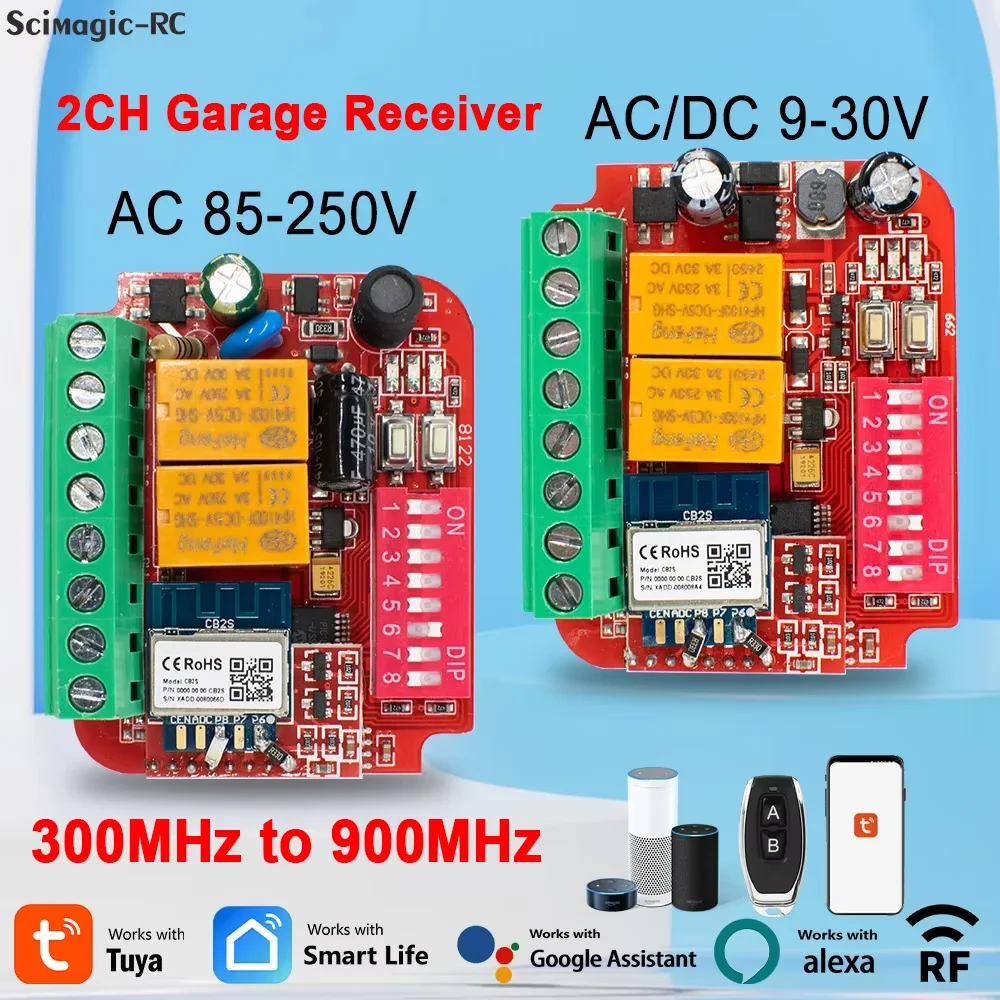 Tuya WIFI 300-900MHz RF Smart Garage Door Gate 2CH Receiver Controller Switch 433MHz 868mhz Transmitter Command Opener Alexa