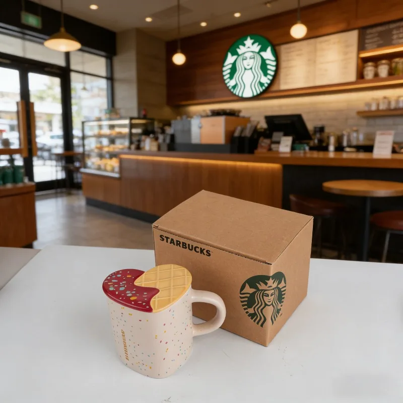 Caneca de Cerâmica Estilo Starbucks para Sorvete, Copo de Café Fofo com Tampa em Formato de Casquinha e Granulado Colorido – Presente Ideal para a Família