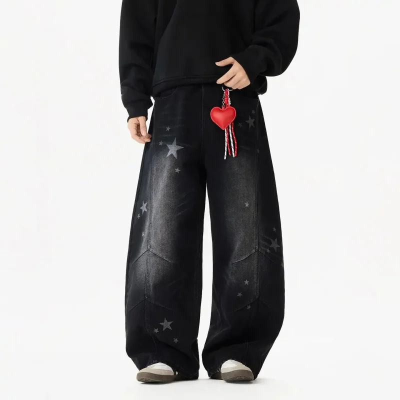 

2026 American Vintage Style Star Print Jeans Men Women Couple Style Fashion Streetwear Loose Curved Cut Wide Leg Trousers