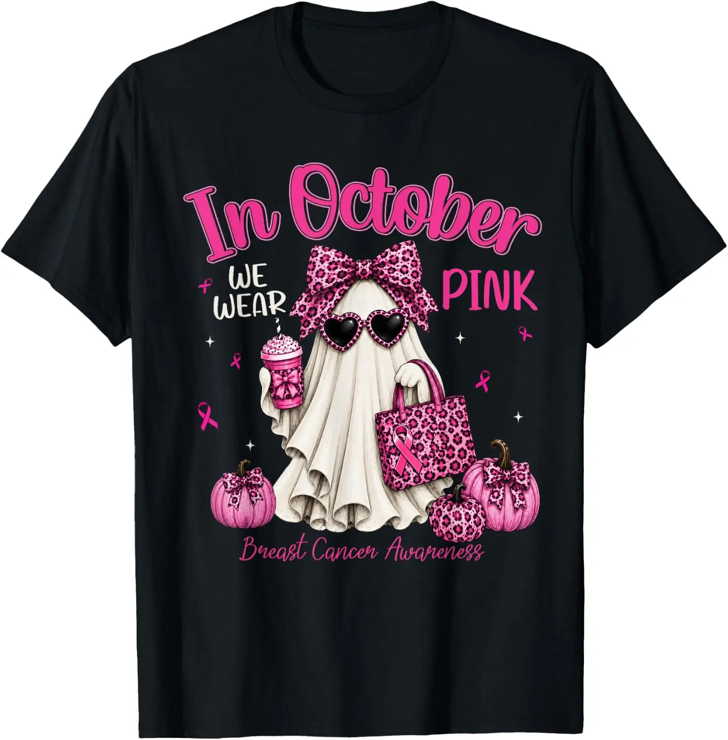 Cute Pink Leopard Ghost Breast Cancer Awareness Shirts Women T-Shirt vintage style tee  boxy fit tee black graphic tee 100% cotton men