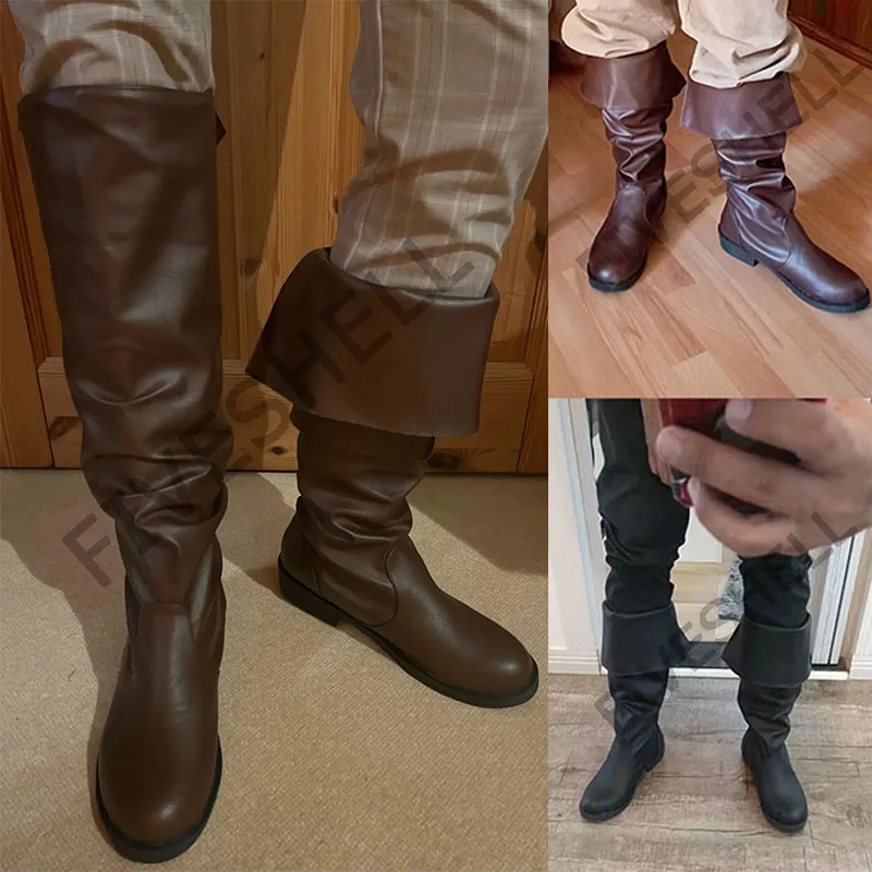 Męskie buty średniowieczne buty za udo płaskie buty męskie Retro kowbojskie buty ze sztucznej skóry czarne brązowe buty Cosplay
