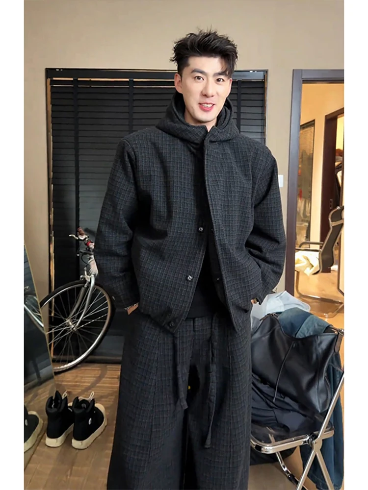 

Thiened Plaid Hooded Cotton Jaet Men's Winter Warm Sli High-End Set Ootd Matching Two-Piece Set Youth Casual Faion