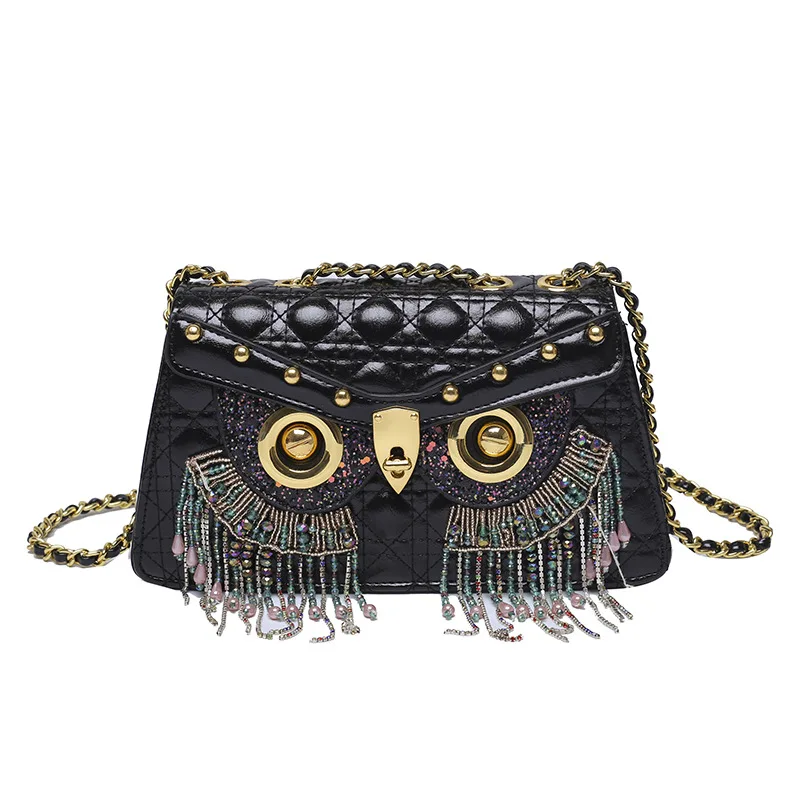 Diamond Small Bag Luxury Design 2023 New Owl Messenger Bag PU Leather Tassel Purse Phone Bag Portable Y2K Crossbody Bags