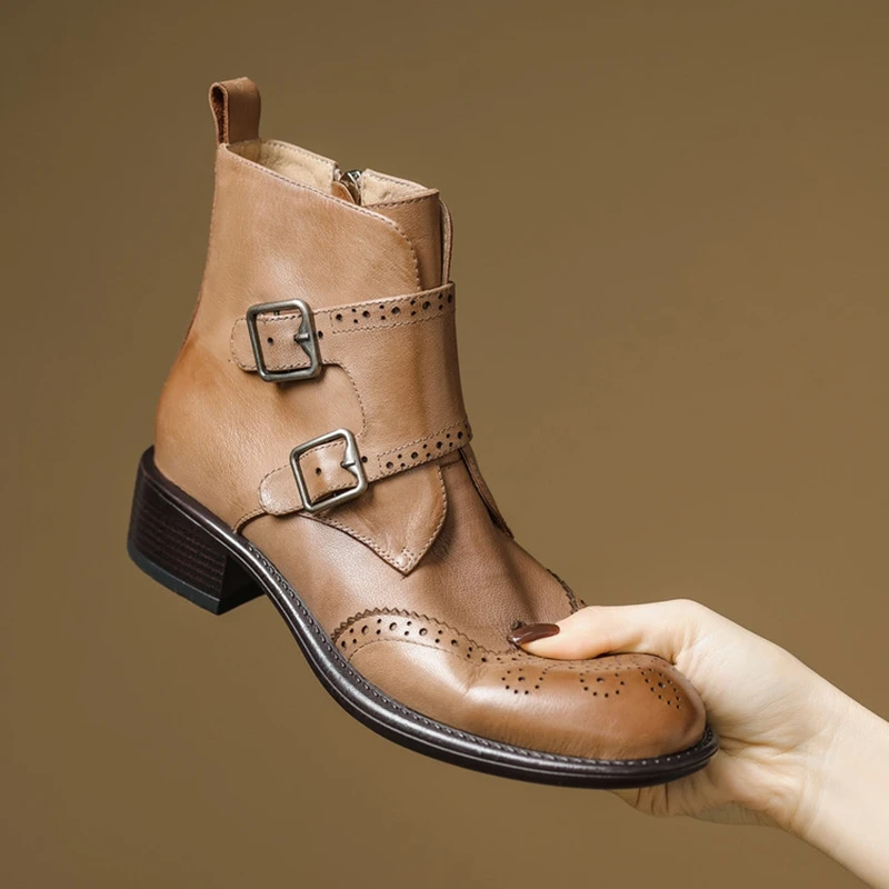 NEW AutumnWinter Women Boots Genuine Leather Shoes Women Round Toe Chunky Heel Shoes Casual Short Boots Belt Buckle Brogue Shoes