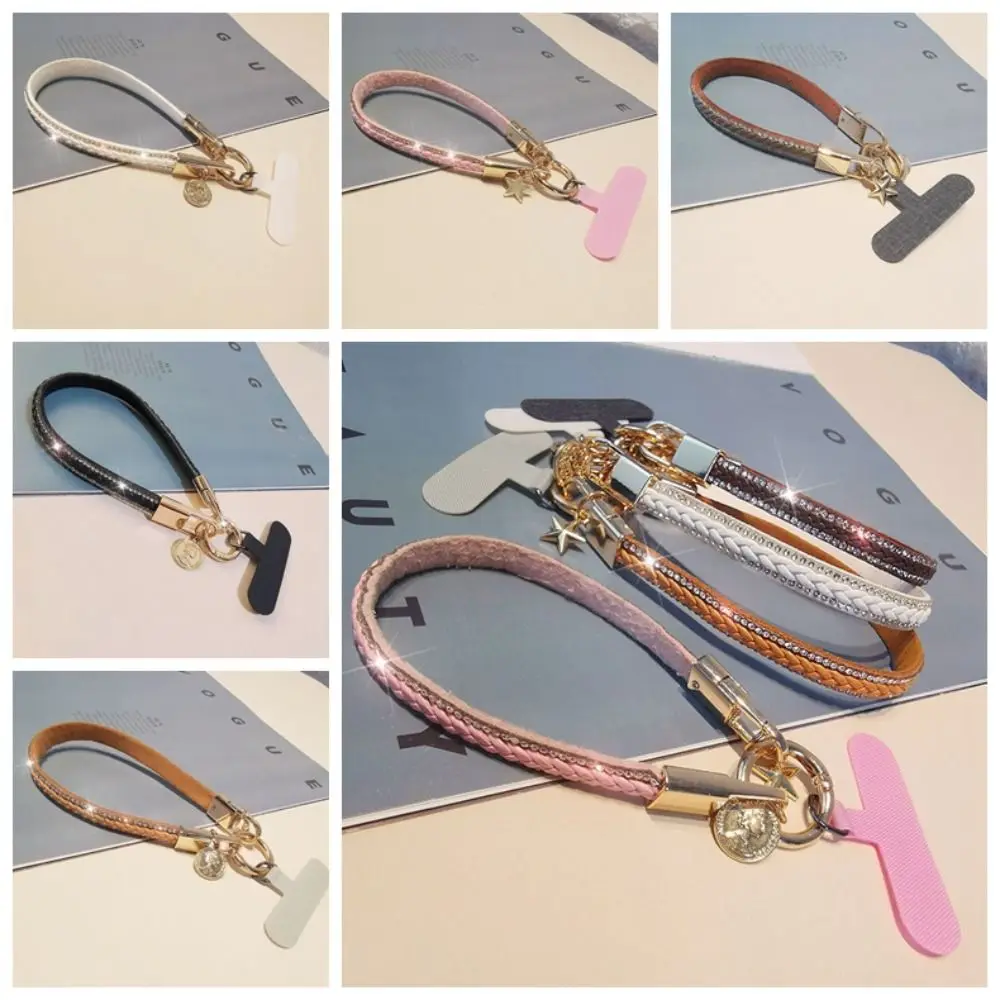 

PU Leather Leather Wrist Mobile Phone Lanyard Rhinestone Anti-loss Leather Durable Portable Pendant Chain Rope Clip Snap