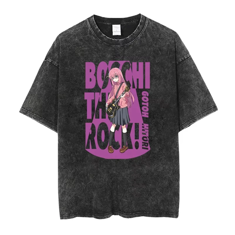 

Men T-Shirt Bocchi The Rock Manga Ryo Top Print Vintage T-Shirt Casual Basis O-Collar Black Shirt Short Sleeve Washed T-Shirt