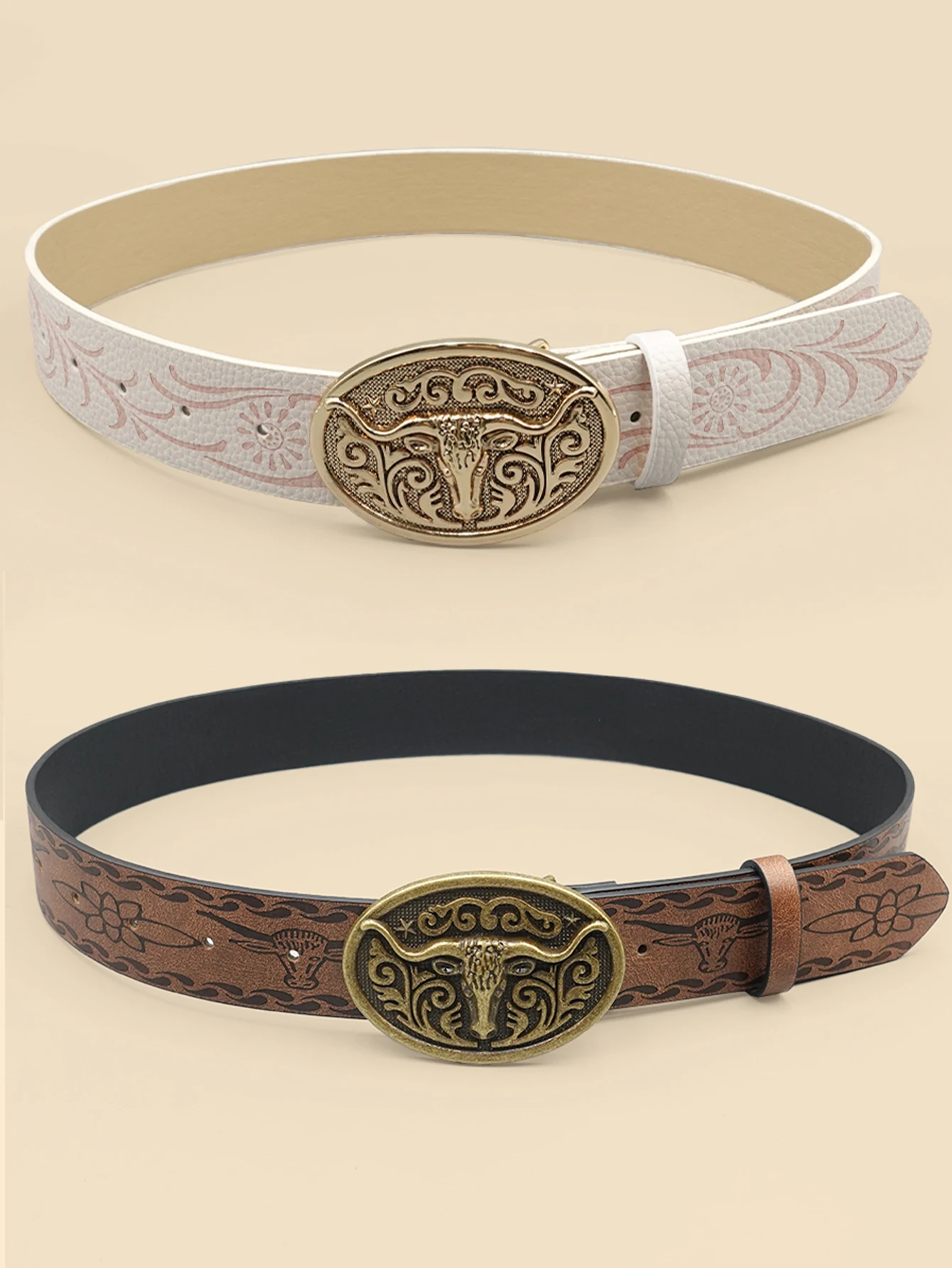 Sabuk Kasual Vintage Gaya Koboi Barat - Gesper Ukiran Kepala Sapi & Cetakan Bohemian, Cocok untuk Perjalanan Sehari-hari & Pakaian Kencan