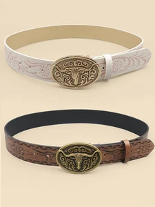 Western Cowboy Style Vintage Casual Belt - Ox Head Carved Buckle & Bohemian Print, Perfect for Daily Commute & Dating Outfits
