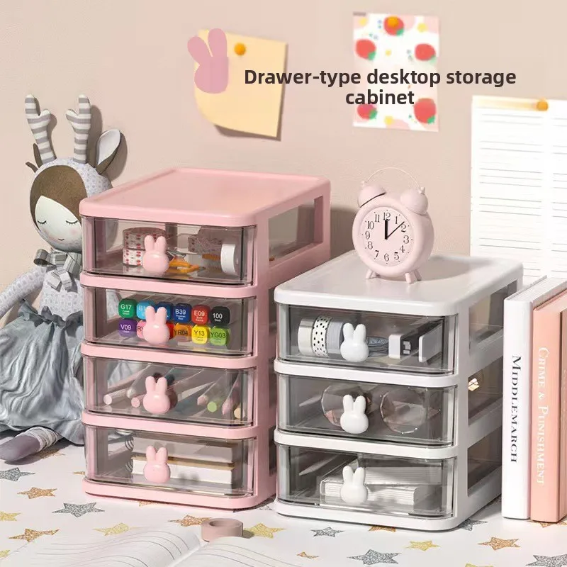 Linda caja de almacenamiento de escritorio de conejo, organizador de cajones multicapa de plástico para papelería, cosméticos y joyería | Práctico escritorio Orga