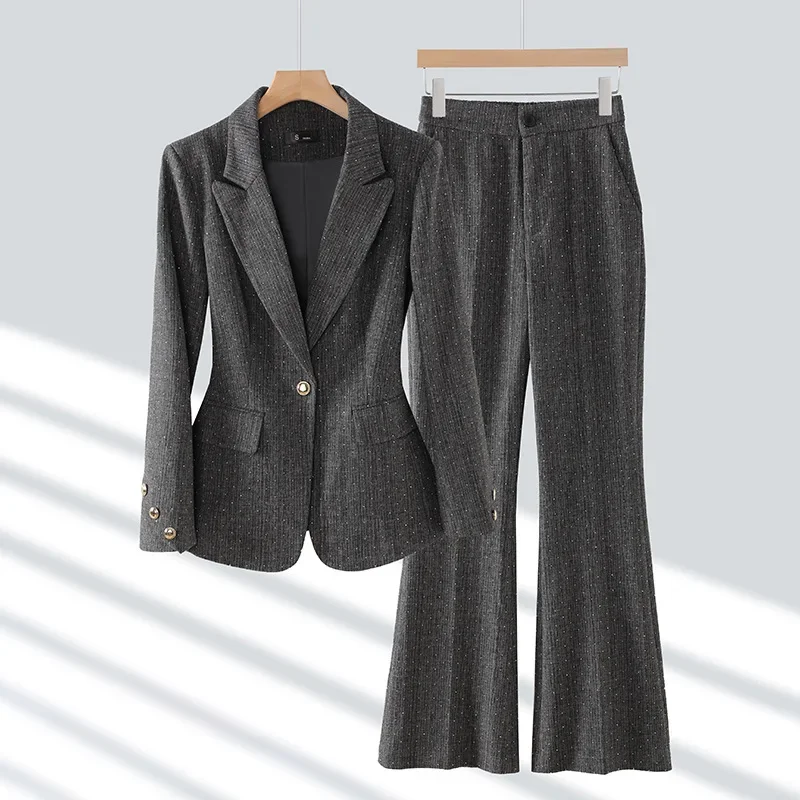 Pop Fashion Women Suits 2024 New Autumn Winter Temprament Business Formal Slim Blazer And Flare Pants Office Ladies Work Wear
