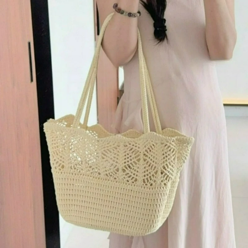 New Cotton Thread Woven Open-weave Large-capacity Beach Bag, Women's Daily Handbag, Fashionable Knitted Lace Shoulder Tote Bag
