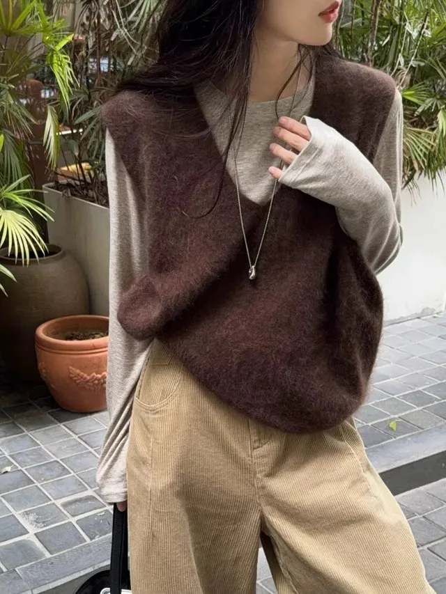 

Женский вязаный свитер Velvet Fog Camere: осенне-зимний, с V-образным вырезом, однотонный, из чистой шерсти, мягкий, повседневный, вязаный топ