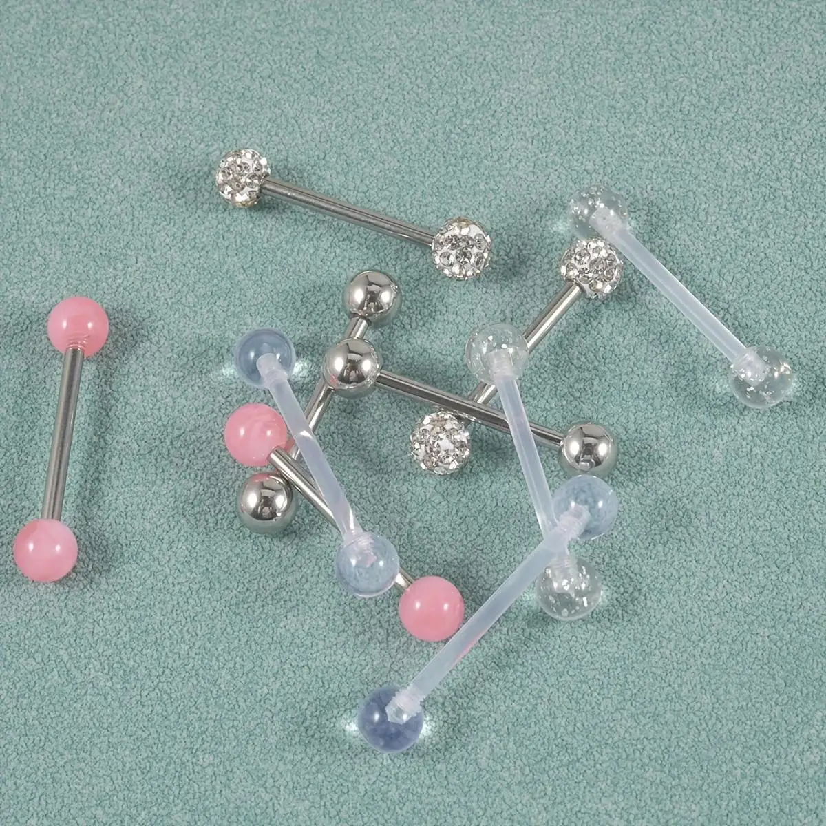 10pcs/Set 14G Stainless Steel & Acrylic CZ Ball Tongue Ring Inlaid Shiny Rhinestone Elegant Nipple Ring Body Piercing Jewelry